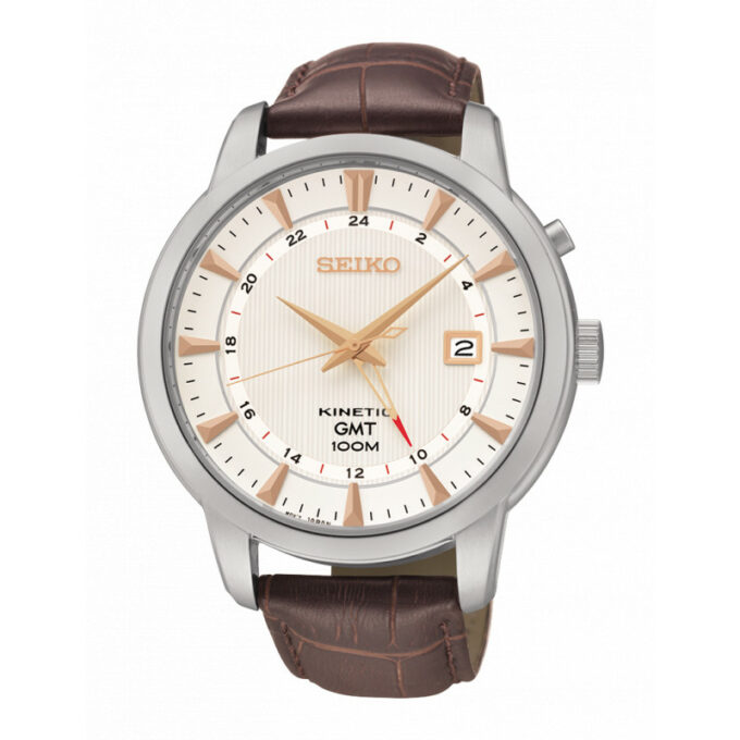Reloj Seiko SUN035P1 de hombre Kinetic GMT con caja acero y correa piel marrón