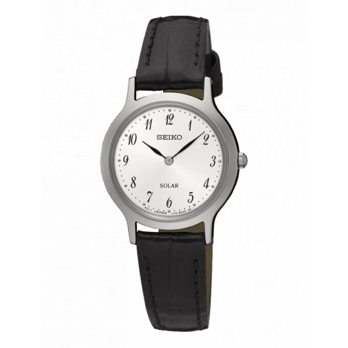 Reloj Seiko SUP369P1 de mujer solar con caja acero, correa de piel negra y esfera blanca