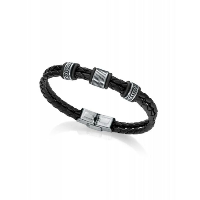 Pulsera Viceroy hombre de acero con doble cordón de piel negra