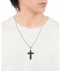 Collar Viceroy hombre con cruz de acero y piel trenzada negra