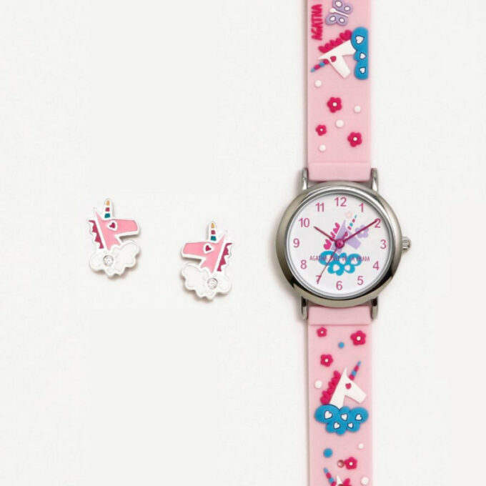 Pack Agatha de niña con reloj de silicona rosa y pendientes plata de unicornio