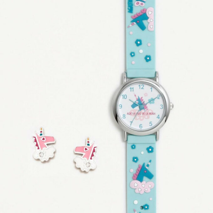 Pack Agatha de niña con reloj de silicona azul y pendientes de plata unicornio