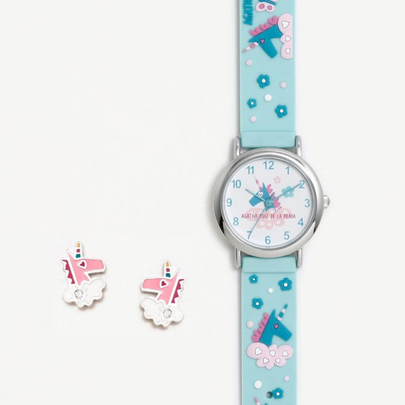 Pack Agatha de niña con reloj de silicona azul y pendientes de plata unicornio