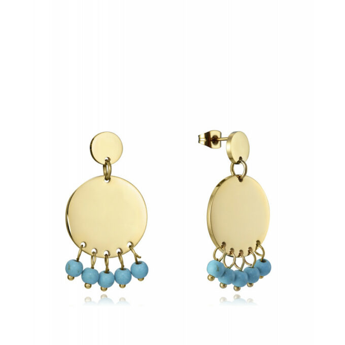 Pendientes Viceroy de mujer acero dorado con motivo disco y perlas azules.