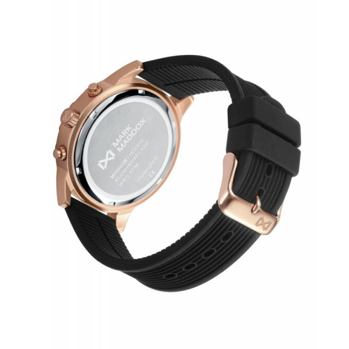 Reloj Mark Maddox HC0116-56 de hombre con caja de aluminio IP rosado y correa de silicona negra