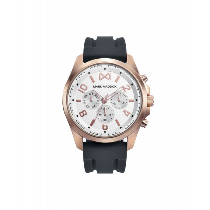 Reloj Mark Maddox HC0106-05 de hombre multifunción con caja acero IP rosa y correa silicona negra